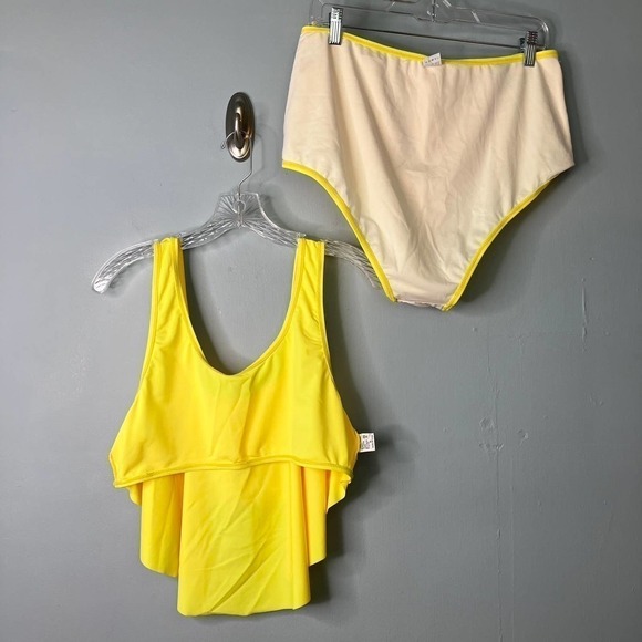 Lemon Yellow Two Piece Bikini Flounce Top High Rise Ladder Side Bottoms Size XL - Picture 12 of 12